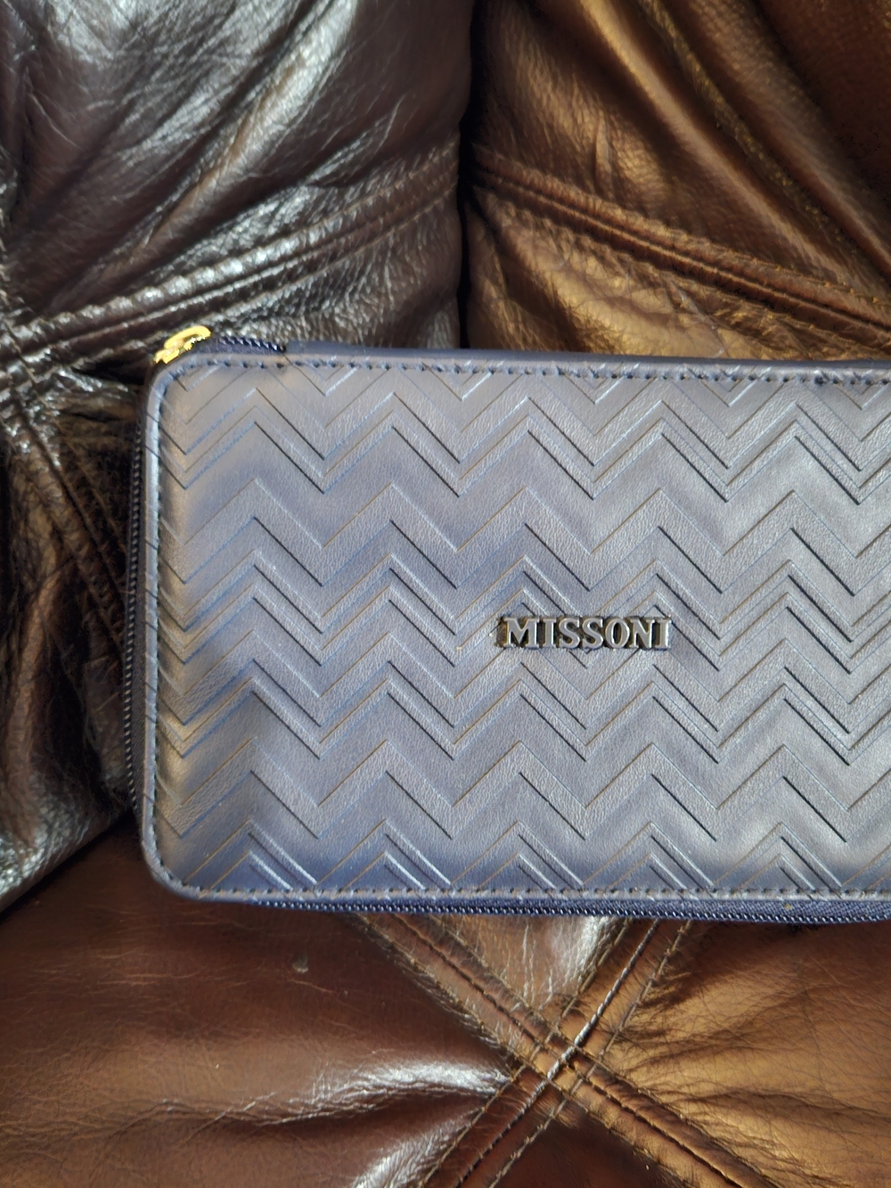 Missoni Navy Chevron Zip Wallet with Gold Logo